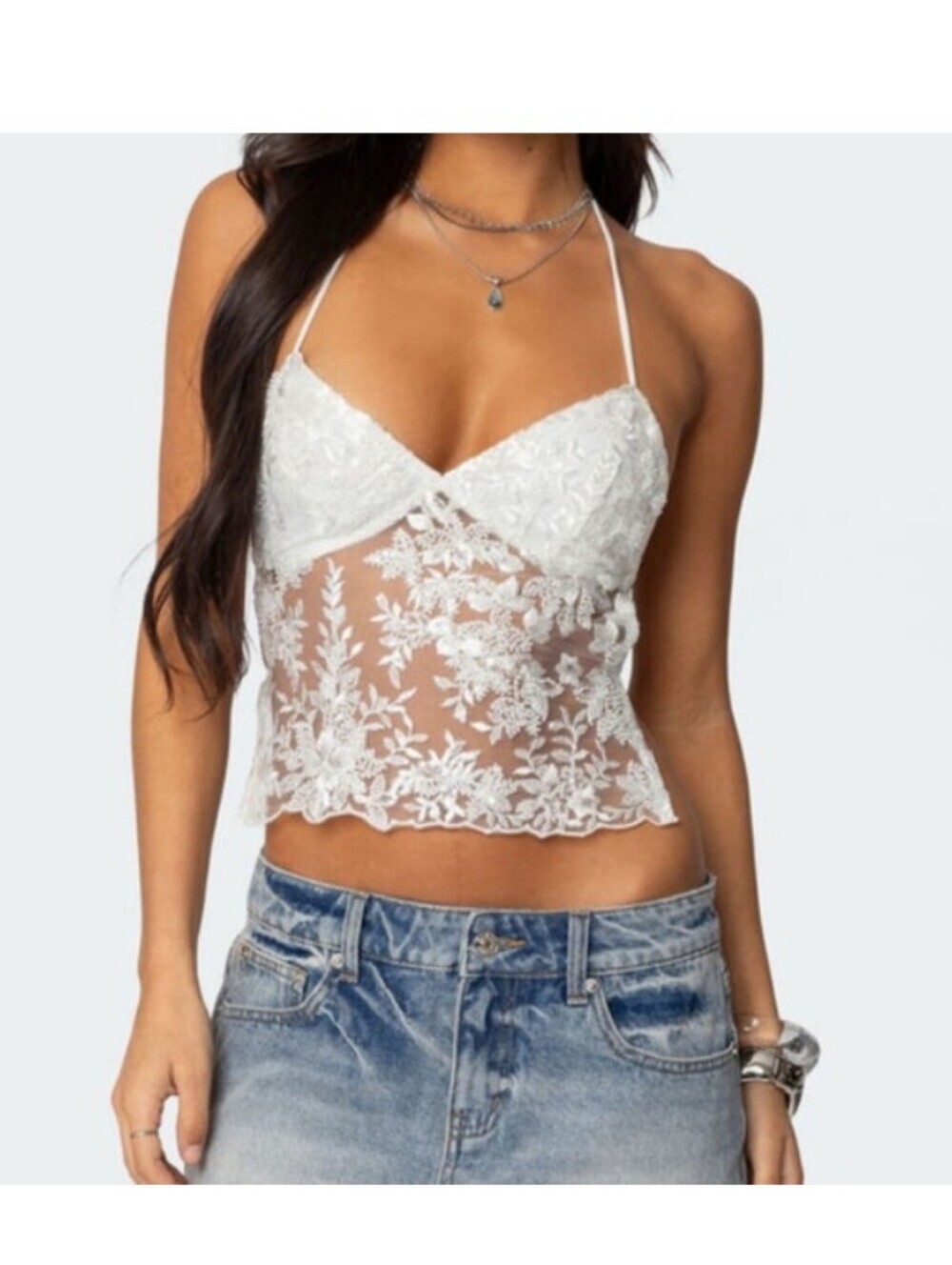 Princess Polly White Sheer Floral Lace Cami Halter Top  XS Embroidered Small
